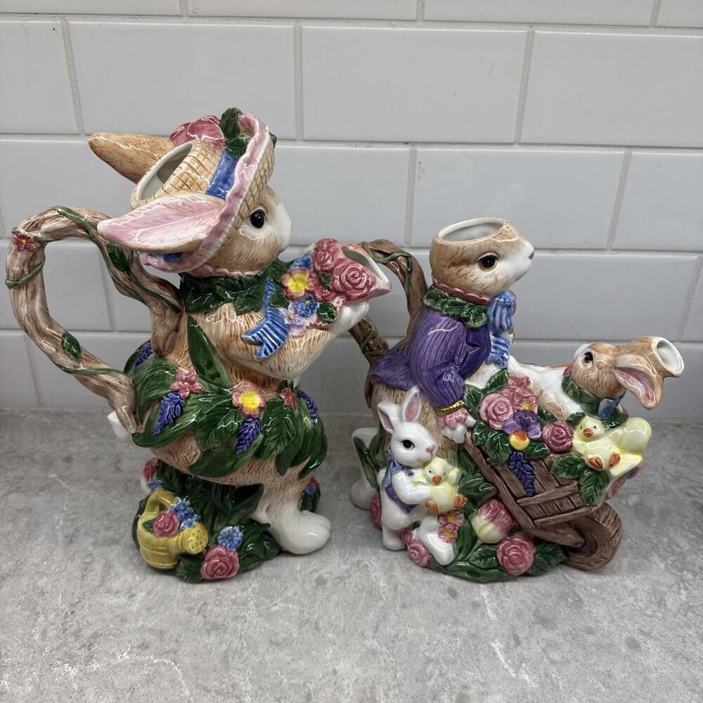 Lot of two large Vintage Fitz and Floyd easter bunny tea pots 1990’s